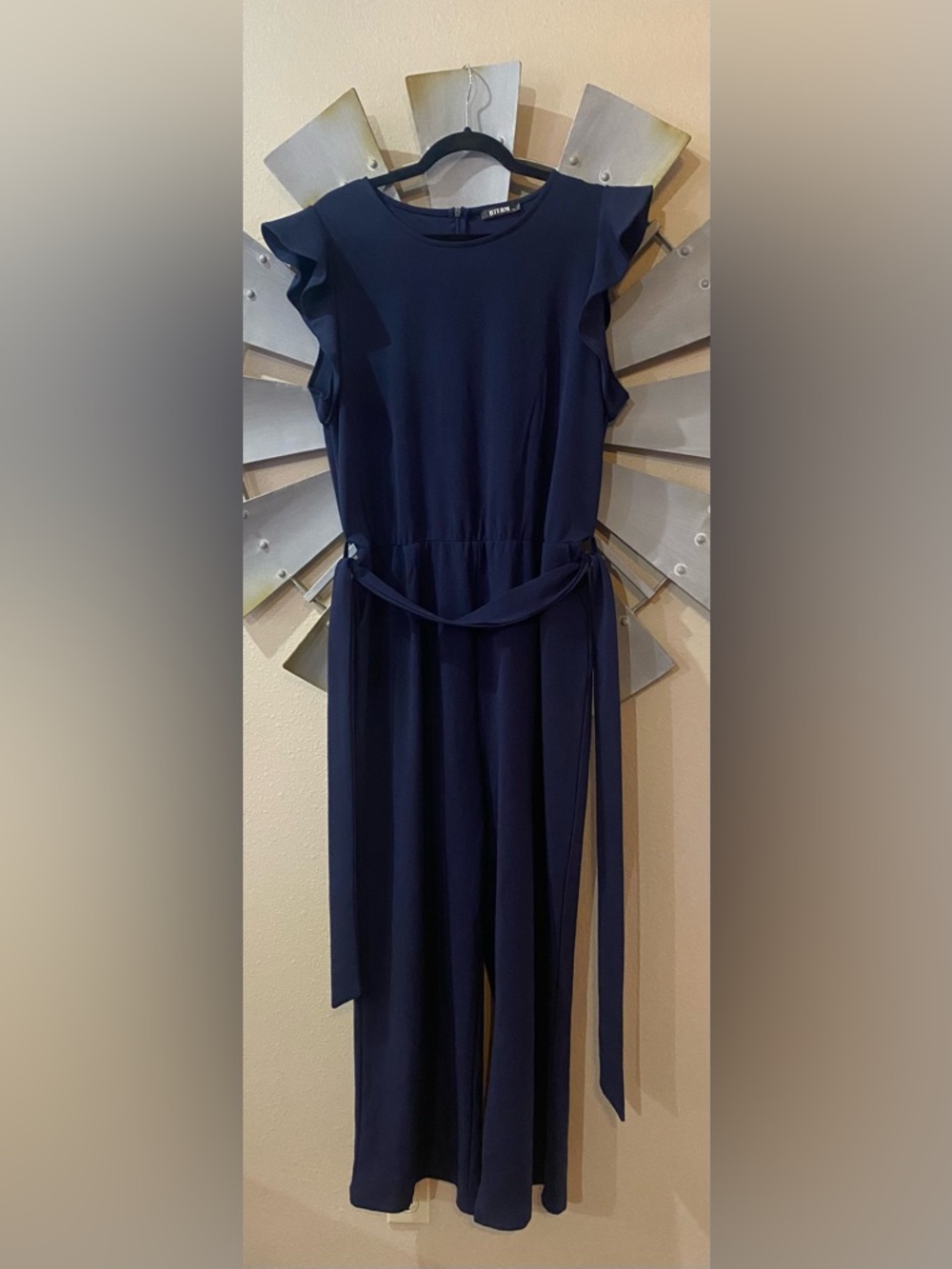 Womens Navy Wide-Leg Jumpsuit with Tie Waist - Picture 2 of 6